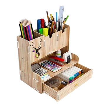 Wooden Desk Organizer & Pen Stand – Multi-Compartment Pencil Holder and Stationery Organizer for Study Table, Home & Office Use