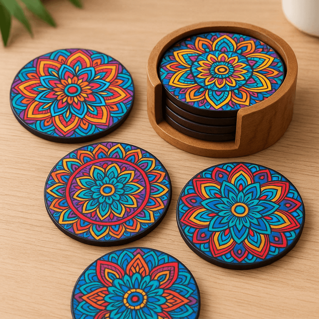Premium Wooden Coaster Set of 6 with Elegant Holder – Designer Round Coasters for Tea Cups, Coffee Mugs & Glasses – Durable MDF Table Coasters for Home, Office & Gifting