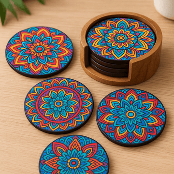 Premium Wooden Coaster Set of 6 with Elegant Holder – Designer Round Coasters for Tea Cups, Coffee Mugs & Glasses – Durable MDF Table Coasters for Home, Office & Gifting